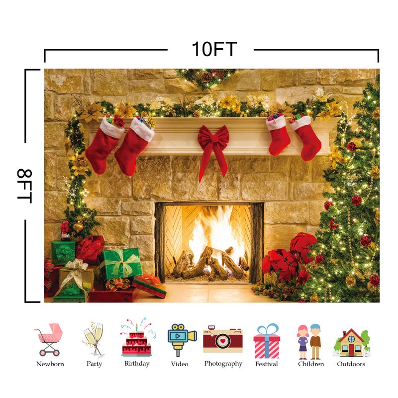 Haboke 10x8ft Christmas Fireplace Theme Backdrop for Photography Soft Wrinkle Free Fabric Tree Sock Decorations for Xmas Party Supplies Photo Background Pictures Banner Studio Decor Booth Props - Image 5